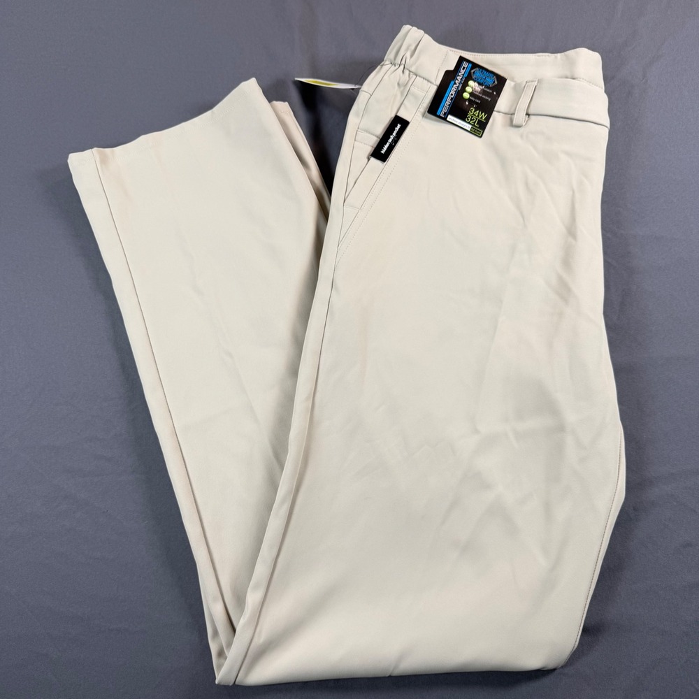 Roundtree & Yorke Performance Mens Pants 34x32 Andrew Straight Fit Khaki Beige